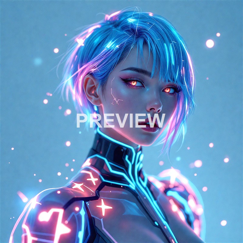 A futuristic digital artwork of a woman with short, glowing blue hair, piercing orange eyes, and a high-tech suit adorned with neon lights and circuit-like patterns.